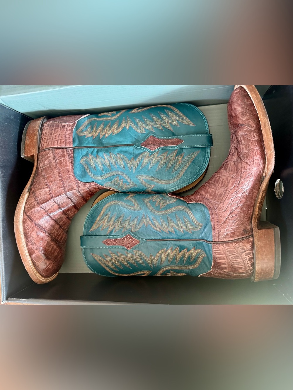 Lucchese Bryan Exotic Caiman Boots Brown Teal 11D